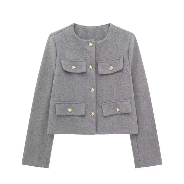 Fall Winter Women Elegant Single-breasted Textured O-Neck Flip Pocket Decorate Short Jacket Long Sleeve Coat Tops