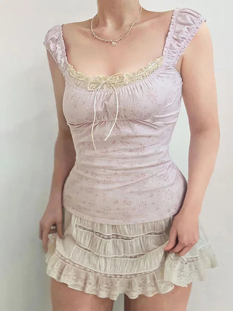 Floral Print Patchwork Lace Trim Babydoll Tops Cute Vintage Drawstring Square Neck Pink T-shirts