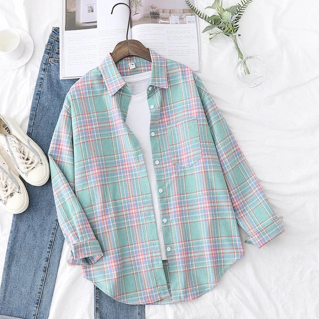 Fashion Loose Womens Plaid Shirt Fresh College Style Design Blouses And Tops Long Sleeve Casual Female Checked Clothes