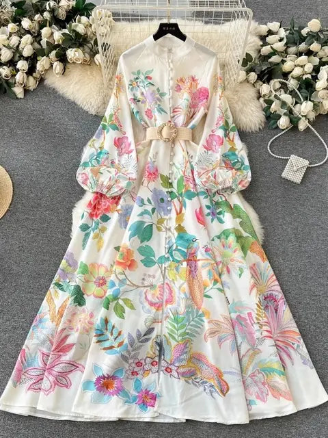 Elegant Linen Floral Holiday Robe Dress Women Spring Summer Stand Long Lantern Sleeve