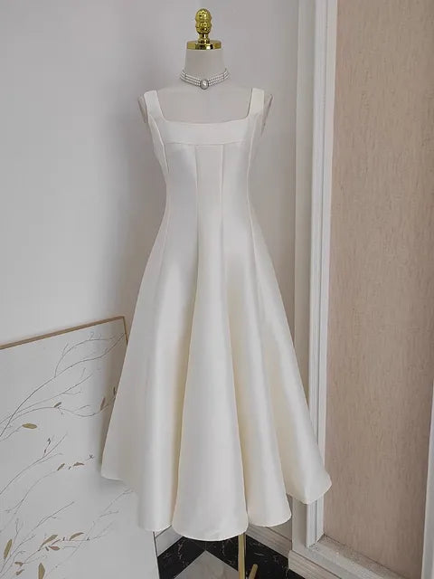 Sexy Evening Thick Satin Women's Spaghetti Strap Party Ball Gown Slash Neck Backless Prom Cocktail Dresses