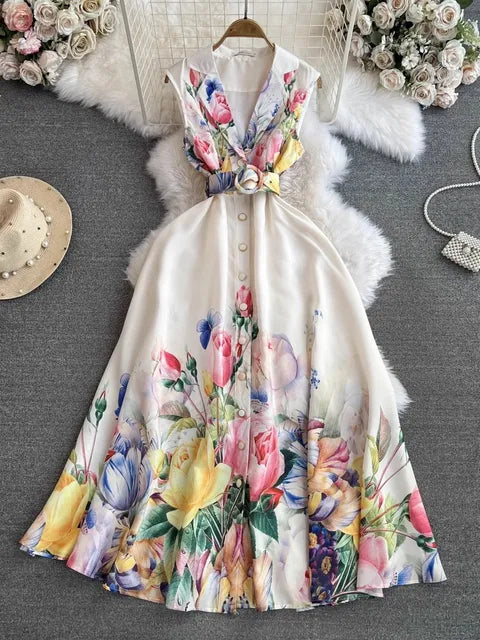 Summer Elegant Print Floral Long Dress Women's Sleeveless Notched Single Breasted Belt Beach Party