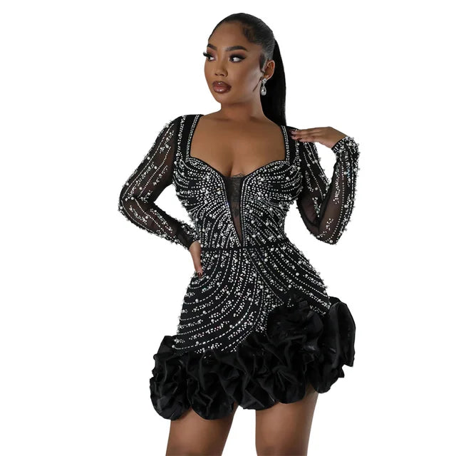 Spring Women Long Sleeve Ruffles Hot Drilling Bead Short Dress Sexy Night Club Evening Birthday Mini Dresses