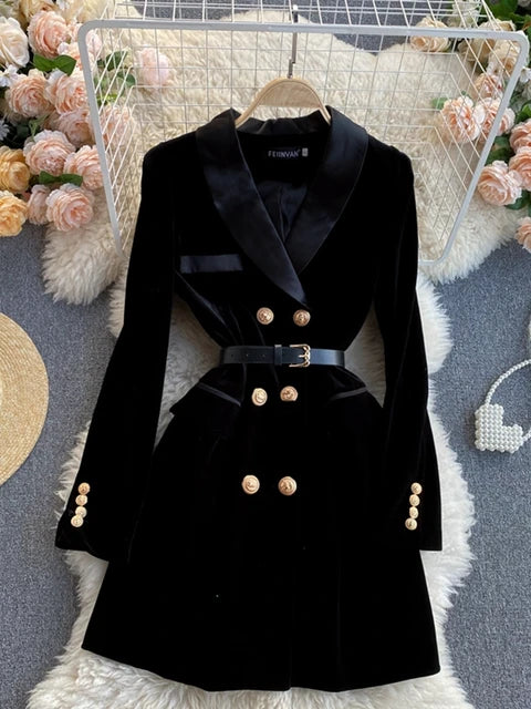Blazer Coat Women Velvet Suit Jacket Winter Double Breasted Long Sleeve Ladies Black Blazer Belt Women Suit Outwear
