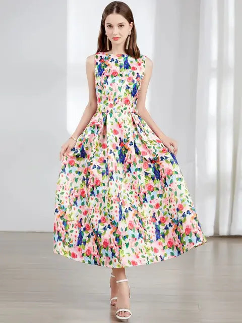 French Elegant Evening Party Flower Jacquard Dresses Summer New Fashion Sleeveless Tank Beach