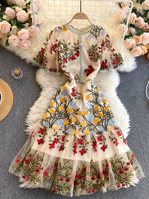 Women Elegant Mesh Lace Embroidered Flower Multicolor Dress Short Butterfly Sleeve Ruffles