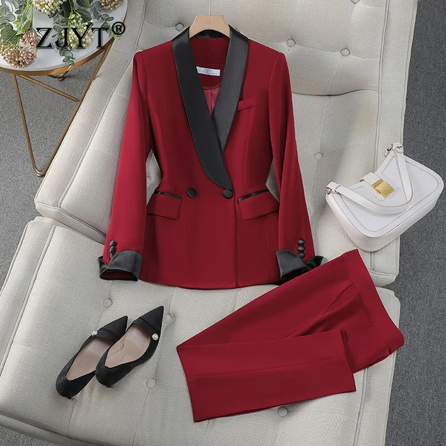 Office Lady Hit Color Blazer Pants Sets for Women 2 Pieces Women's Suits Fall Elegant Office Lady Work Outfit Trousers