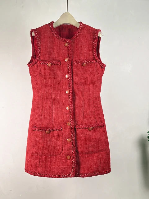 Small Fragrance Runway Tweed Vest Dress Women's Sleeveless Four Poackets Vintage Short