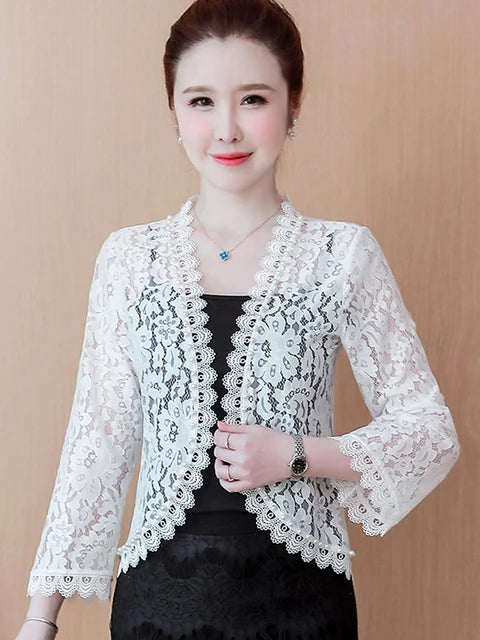 Fashion Long Sleeve Women Jacket Black White Beading Hollow Lace Cardigan