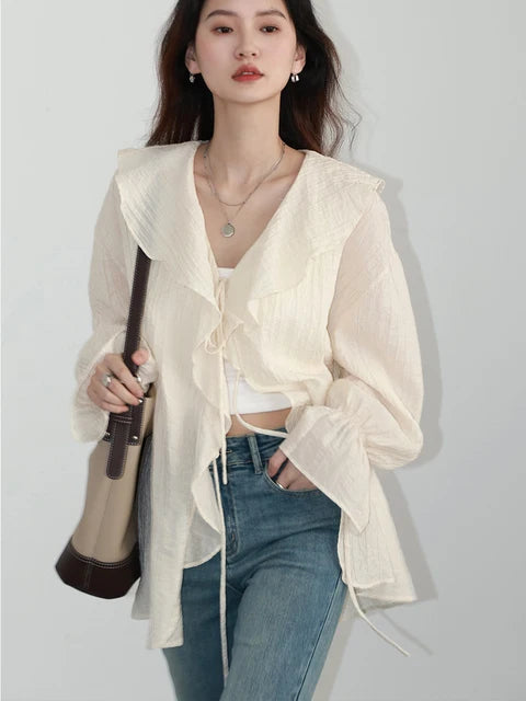 Women Shirt Loose Ruffled Edges Female Blouses V Neck Lace Up Mid Length Woman Shirts Spring Summer
