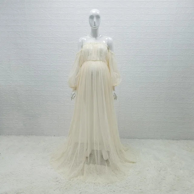 White Dot Tulle Maternity Photography Props Dress See Through Maternity Photo Shoot Long Dress Lantern Sleeve