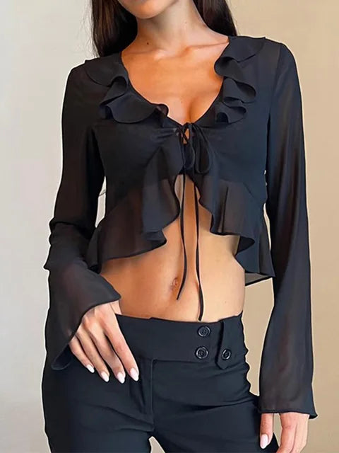Ruffles Trim Green Chiffon T-shirts Fashion Sexy Deep V Lace Up Long Sleeve Tops Transparent