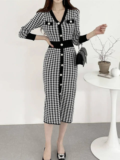 Vintage Knitting V-Neck Bodycon Midi Dress Fashion Elegant Office Lady Buttons Long Dresses for Women