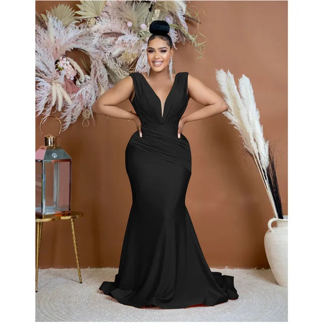 Women Draped Waist Shoulder Sleeveless Deep V-neck Long Mermaid Dress Wedding Guest