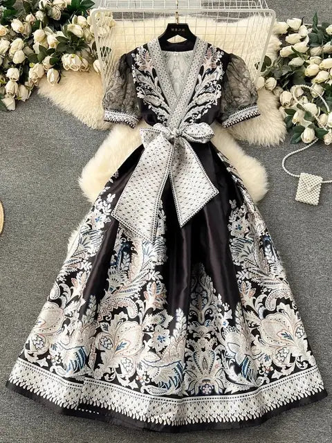 Spring Summer Bohemian Dresses Holiday Short Puff Sleeve Cross V Neck Flower Print Lace Up Robe Clothes