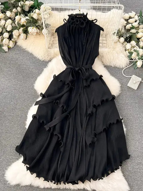 Summer Holiday Pleated Dress Women's Stand Collar Lace Up Sleeveless Elastic Oversized Ruffles Boho Robe
