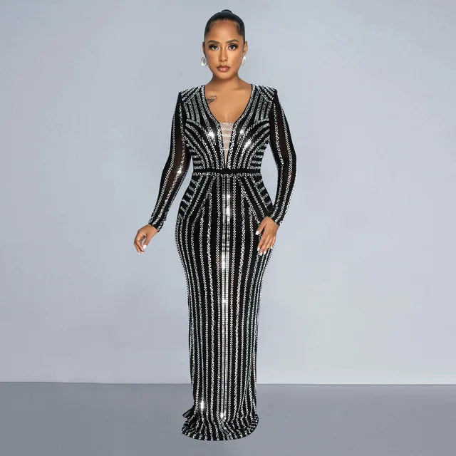 Women Diamonds Hot Rhinestones High Waist Birthday Bodycon Midi Maxi Long Sleeve Dress Sexy Party Dresses