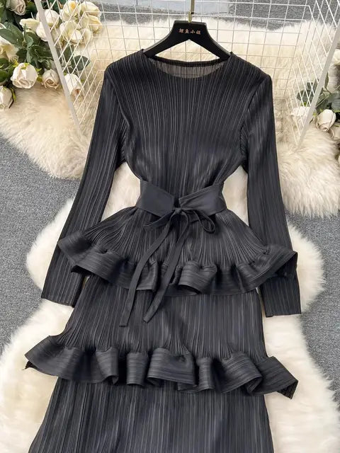 Luxury Cascading Ruffles Pleated Dress For Women Long Sleeve Stretch Bandage Belt Evening Prom Cake Clothing