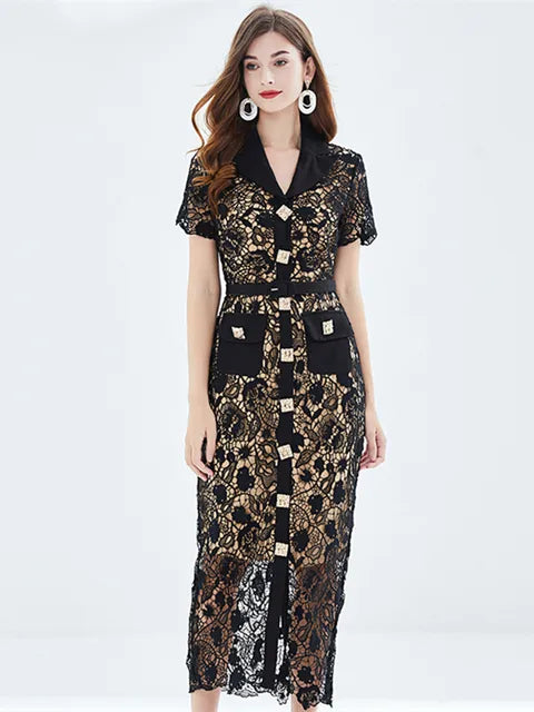 Black Water Soluble Lace Embroidery Dress Women's Short Sleeve Golden Buttons Down Hollow Out Belt Maxi