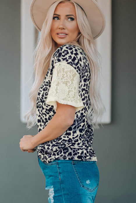 Women's T-Shirt Leopard Print Lace Sleeve Round Neck Tee AwsomU
