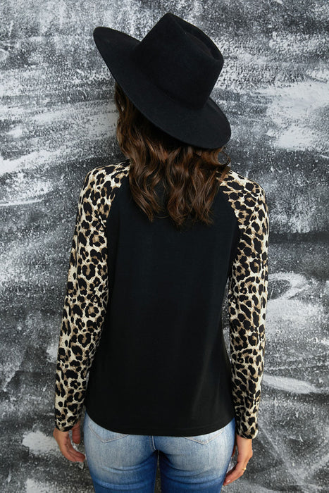 Women's T-Shirt Leopard Print Grommet Long Sleeve Tee AwsomU