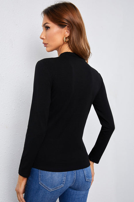 Women's T-Shirt Mock Neck Lace Detail Long Sleeve Tee AwsomU
