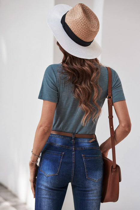 Women's T-Shirt Ribbed Knit Short Sleeve Top AwsomU