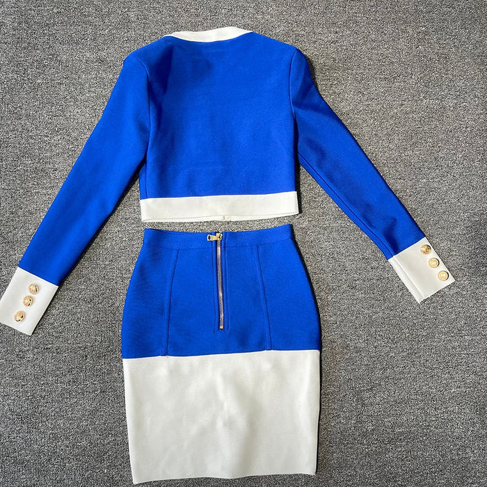 Women's Two Piece Suit New Patchwork Blue White O Neck Long Sleeve Pocket Button Two piece Bandage Skirt Female Set Summer Skirt Suits AwsomU