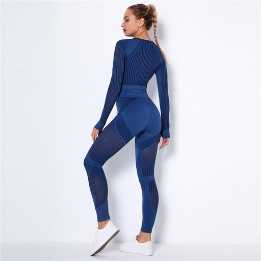 Women's Two Piece Suit Sexy Slim Mesh Yoga Suit Seamless Quick Dry Sports Yoga Suit Striped Long Sleeve Bubble Butt Leggings Gym Fitness Running Suit AwsomU