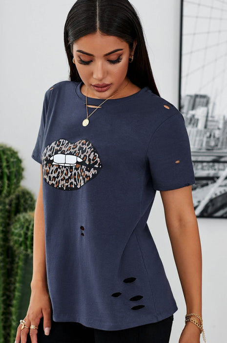 Women's T-Shirt Leopard Lip Distressed T-Shirt AwsomU