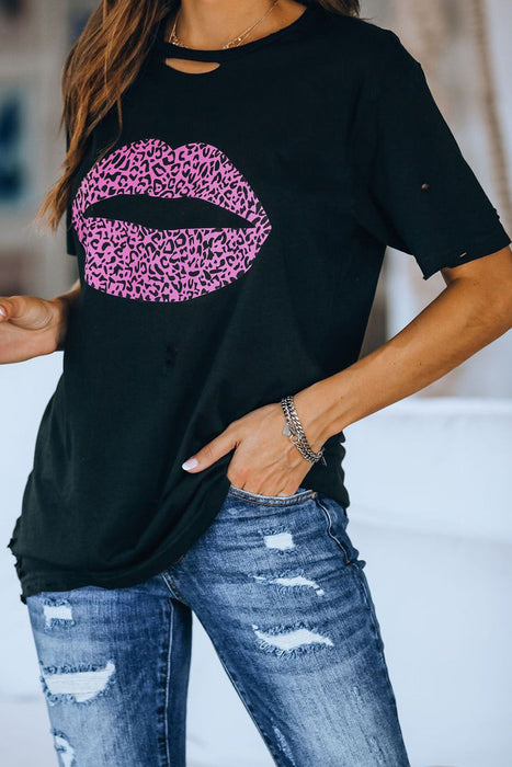 Women's T-Shirt Leopard Lip Distressed T-Shirt AwsomU