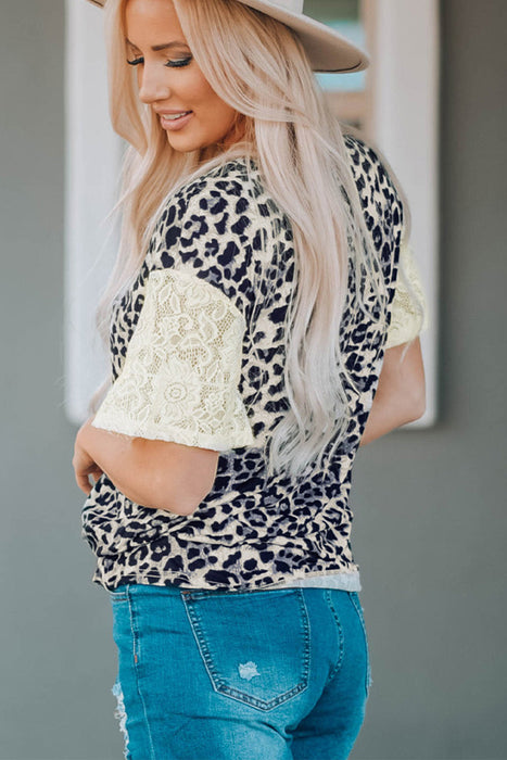 Women's T-Shirt Leopard Print Lace Sleeve Round Neck Tee AwsomU