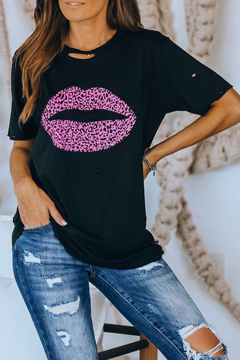 Women's T-Shirt Leopard Lip Distressed T-Shirt AwsomU