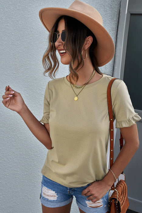 Women's T-Shirt Flounce Cuff Crewneck T-shirt AwsomU
