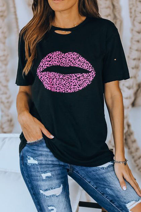 Women's T-Shirt Leopard Lip Distressed T-Shirt AwsomU