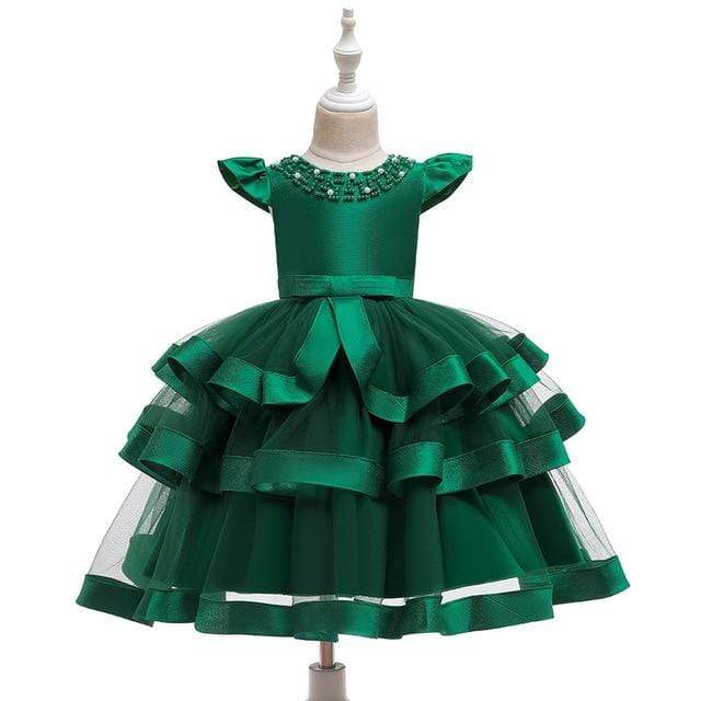 Girl's Clothing Girls Pearl Beaded Mesh Layered Dress Elegant New Year Princess Children Party Dress Wedding Gown Dresses AwsomU