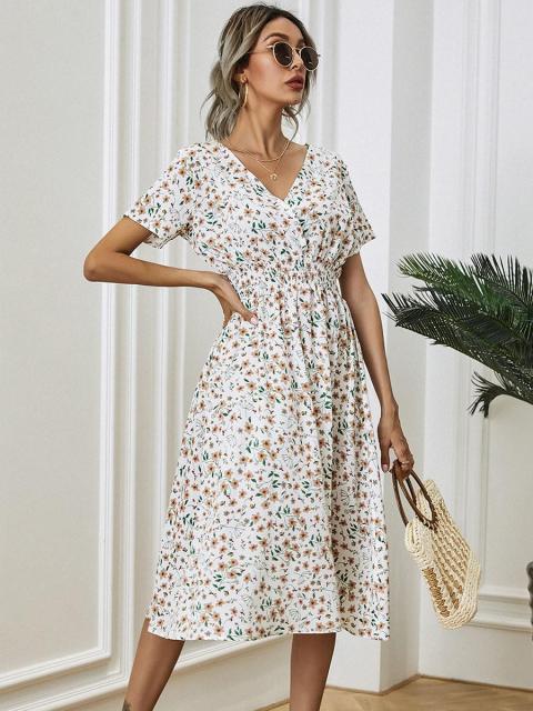 Dresses Women Holiday Short Sleeve V neck Print Dress Summer Casual Elastic Waist Floral Long Dress Elegant White A line Chiffon Dress AwsomU