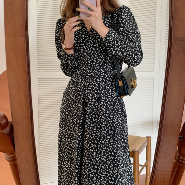 Dresses Spring Summer Floral Print Casual Midi Womens Black Dress AwsomU