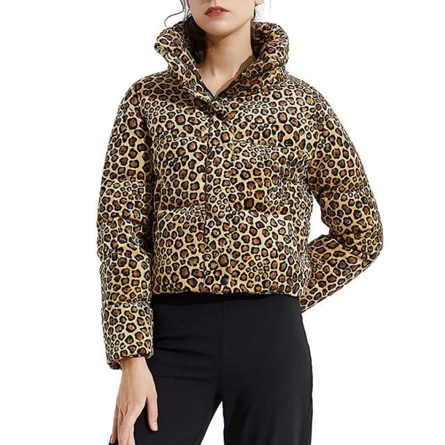 Women's Jacket Leopard Patchwork Short Jacket Women Fashion Winter Thick Cotton Coats AwsomU