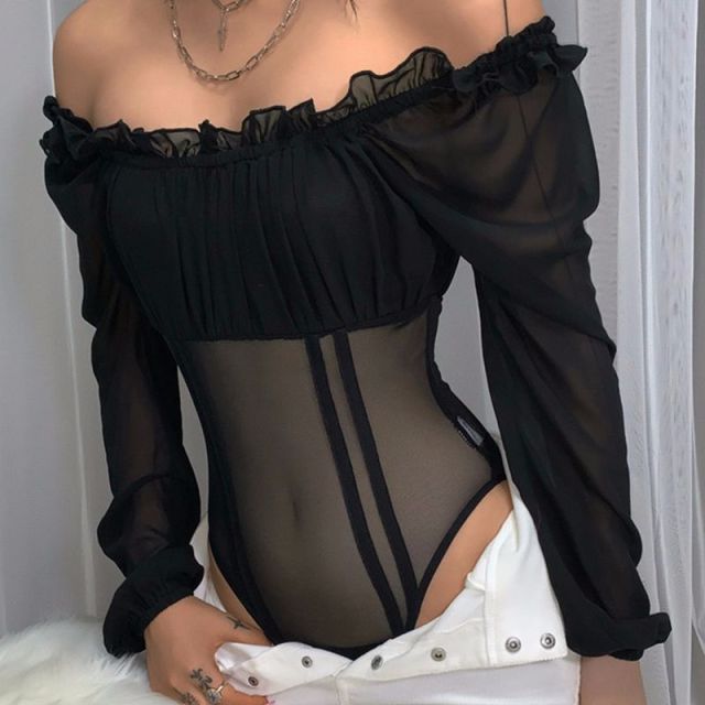 Tops & Blouses Womens Mesh Bodysuit See Through Transparent T shirts Tops One Shoulder Long Sleeve AwsomU