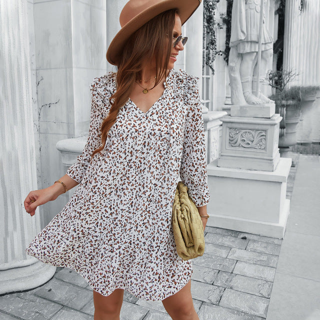 Dresses Ladies Vintage Boho Spring Summer Print Chiffon Dress Women Casual Ruffles Loose Bohemian Beach Mini Women Dress AwsomU