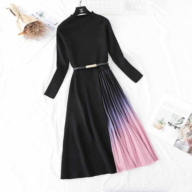 Dresses Fall Winter Elegant Knitted Patchwork Gradient Pink Pleated Dress Women Long Sleeve Office One Piece Sweater Dress With Belt AwsomU