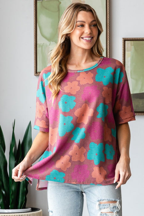 Women's Fashion Tops 2024 Floral Round Neck Side Slit T-Shirt