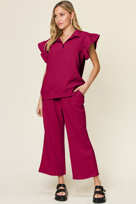 Fashion Women's Two Piece Sets Texture Ruffle Short Sleeve Top and Drawstring Wide Leg Pants Set