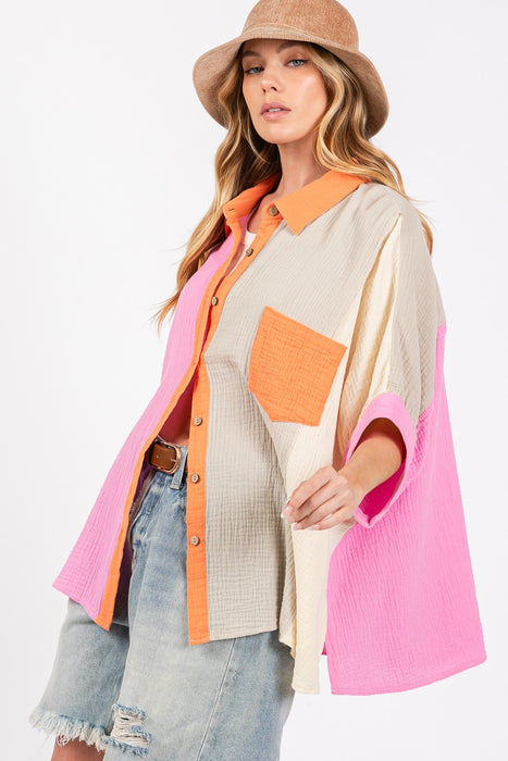 Women's Fashion Tops 2024 Color Block Button-Down Shirt