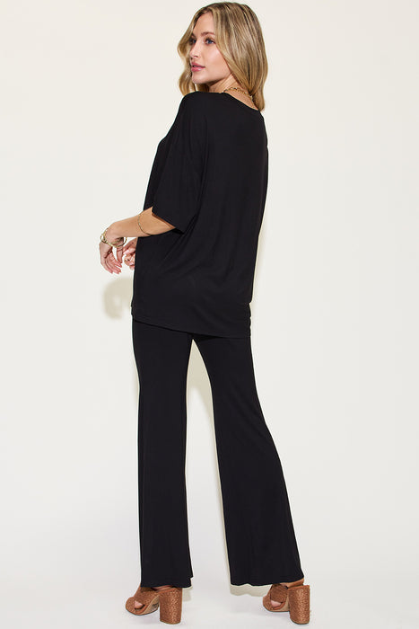 Fashion Women's Two Piece Sets Bamboo Drop Shoulder T-Shirt and Flare Pants Set