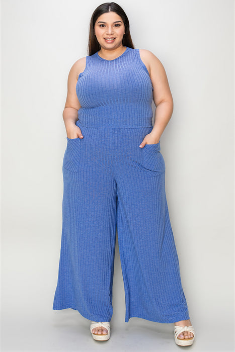 Fashion Women's Two Piece Sets Ribbed Tank and Wide Leg Pants Set