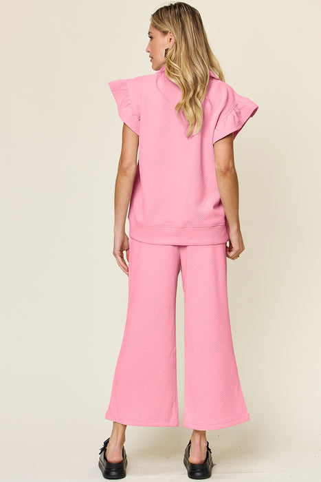 Fashion Women's Two Piece Sets Texture Ruffle Short Sleeve Top and Drawstring Wide Leg Pants Set