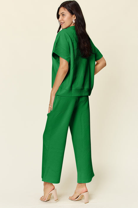 Fashion Women's Two Piece Sets Texture Half Zip Short Sleeve Top and Pants Set