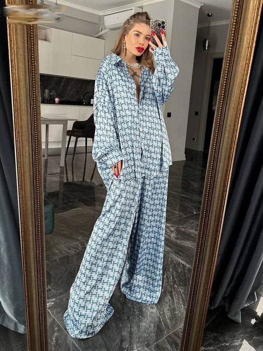 Print 2 Piece Sets Women Outfit Elegant Long Sleeve Shirt With High Waist Wide Pants Set Work Streetwear